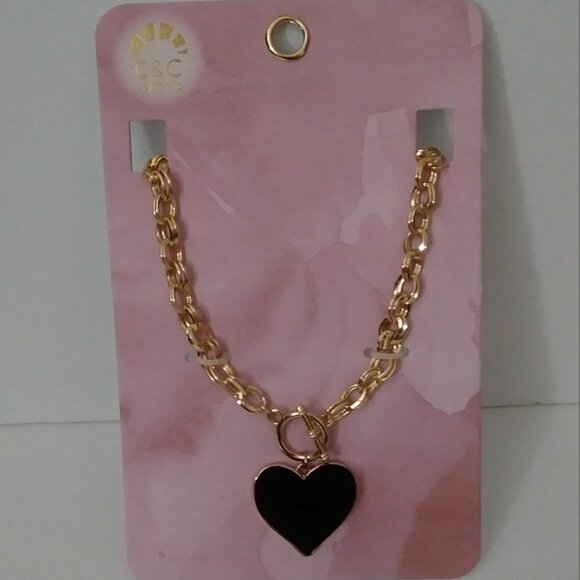 C&C California Gold Tone Link Puff Black Heart Necklace - Picture 2 of 8